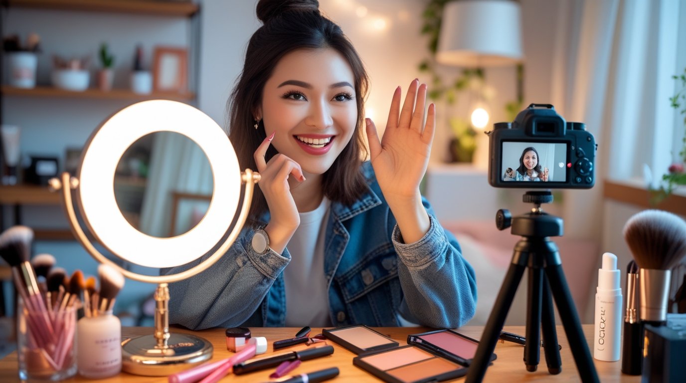 Phoenix_10_A_cheerful_young_woman_is_filming_a_beauty_tutorial_0
